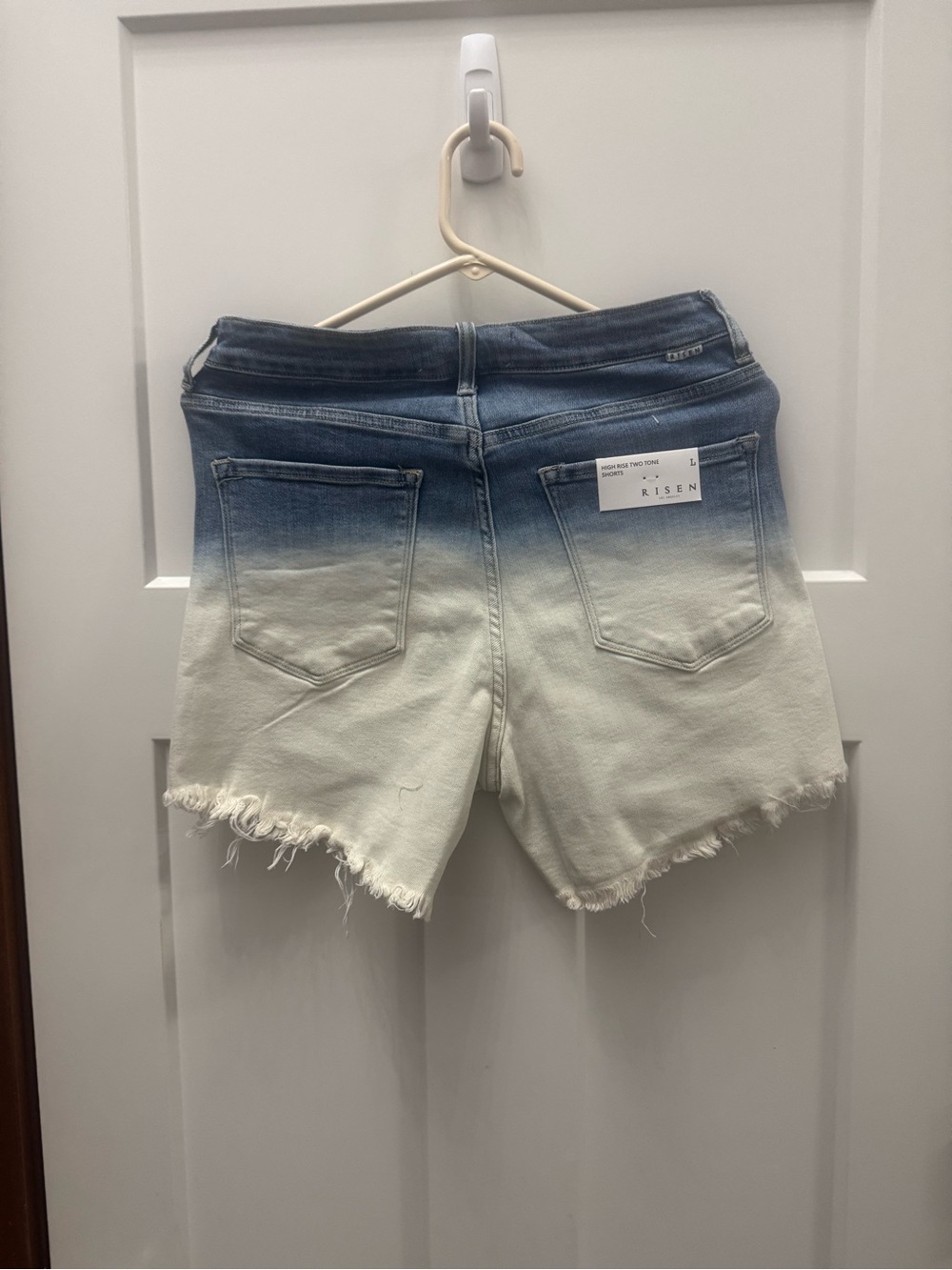 Risen Ombre High-Rise Denim Shorts in Blue to Cream - Picture 2 of 3